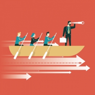 cartoon illustration of business people team rowing with leader