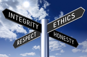 Street sign of integrity, ethics, respect, honesty