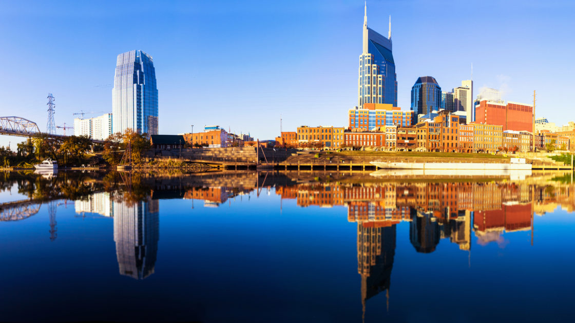 Nashville skyline reflected in the Cumberland river
