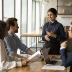 Sales person making a sales prospecting presentation