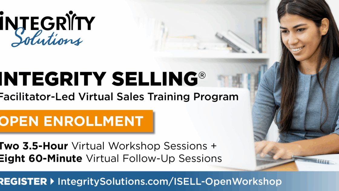 Promotional banner for iSell training featuring the text "Integrity Selling" and a "Register Now" button on a blue and white background.